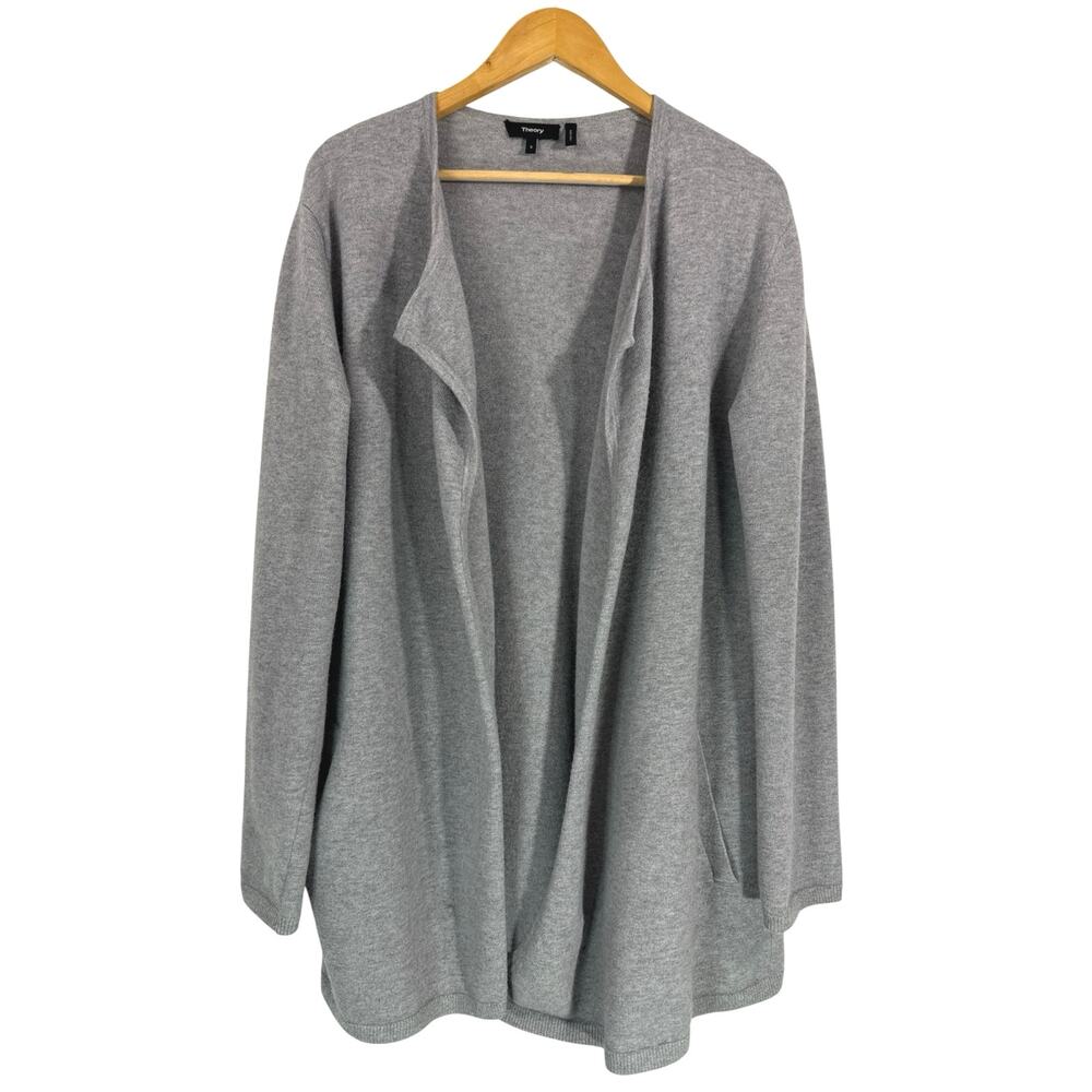 Theory Gray Merino Wool Blend Longline Open Front Pocket Cardigan Small Chic